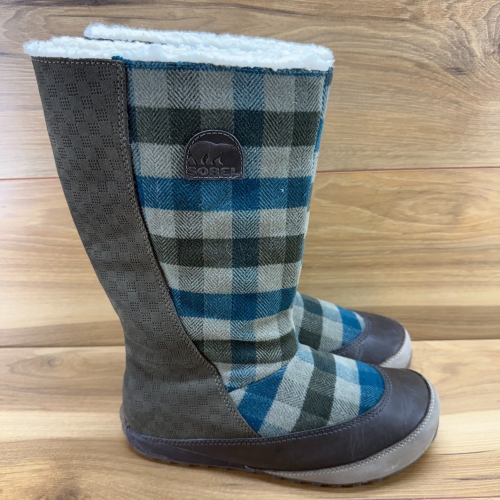 Sorel Mackenzie Plaid Tall Winter Boots Womens 7.5 Charcoal Teal Faux Sherpa